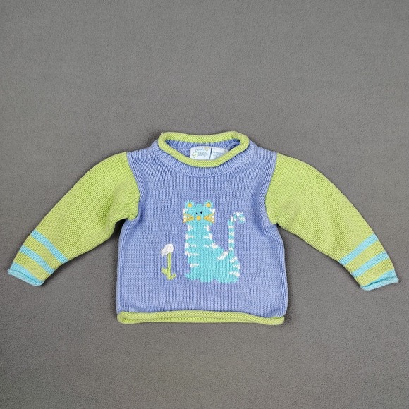 2nd Step Other - Vintage Knit Kitty Cat Sweater Baby 18 Months Purple Green Cotton Cute Roll Neck